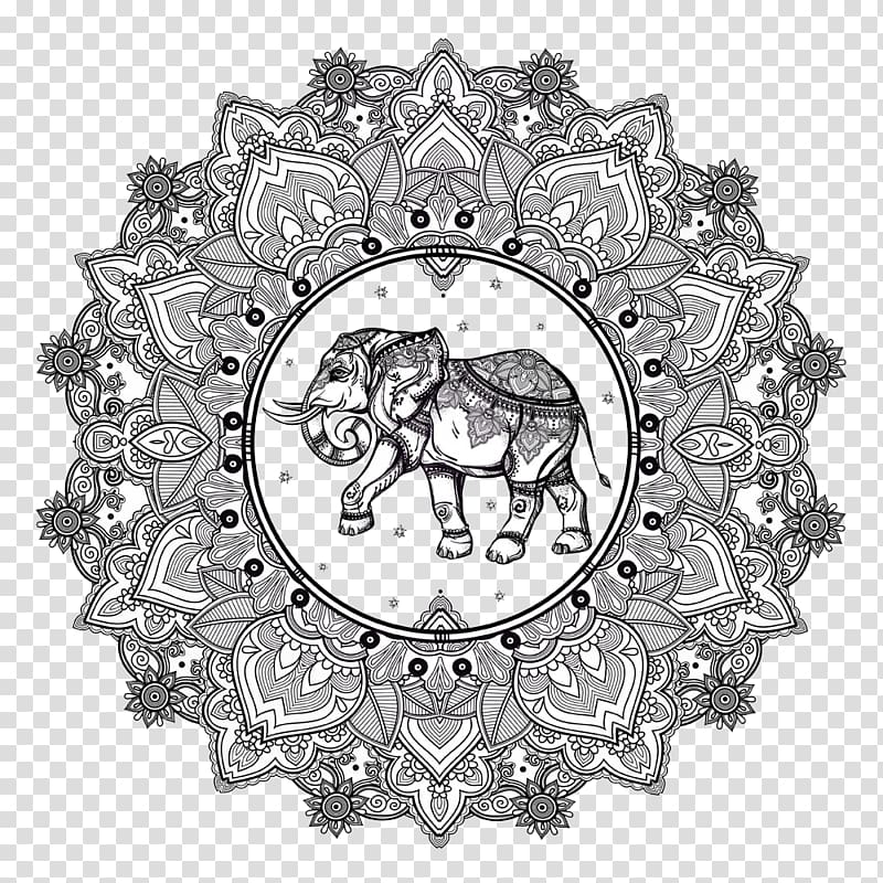 gray elephant mandala , Mandala Coloring book Buddhism and Hinduism Pattern, Traditional pattern elephant pattern transparent background PNG clipart