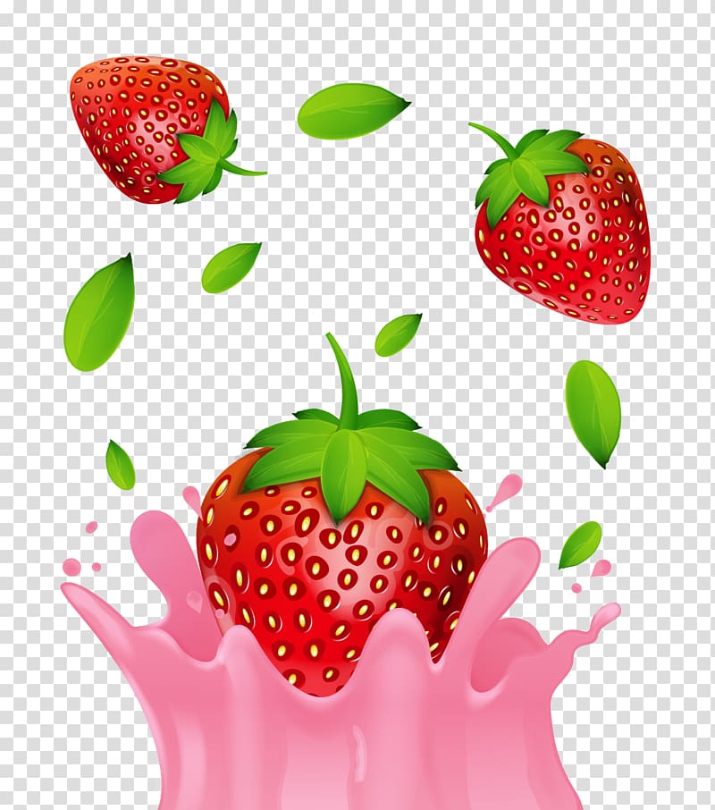 Three Red Strawberries Strawberry Flavored Milk Strawberry Milk Transparent Background PNG