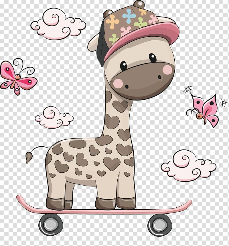 gray and white giraffe riding on skateboard illustration, Giraffe Cartoon Illustration, Cartoon giraffe transparent background PNG clipart