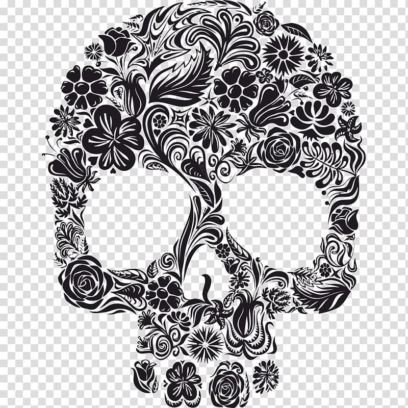 black skull made from flowers illustration, Calavera Skull and crossbones Human skull symbolism, skull transparent background PNG clipart