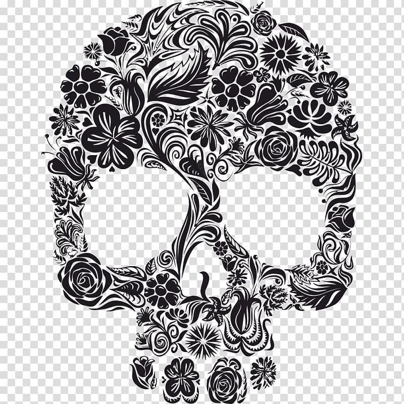 Black skull made from flowers illustration, Calavera Skull and crossbones  Human skull symbolism, skull transparent background PNG clipart