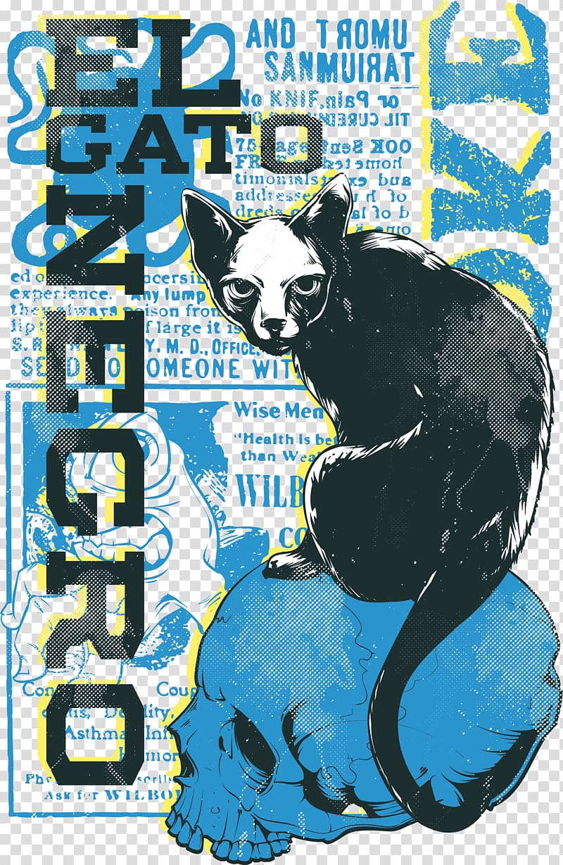 EL Gato Negro illustration, Printed T-shirt Printing Top, Cat skull T-Shirt transparent background PNG clipart