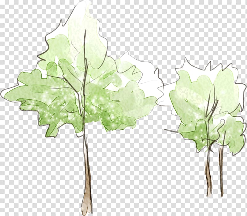 two green leafed trees illustration, Fresh hand-painted watercolor tree transparent background PNG clipart