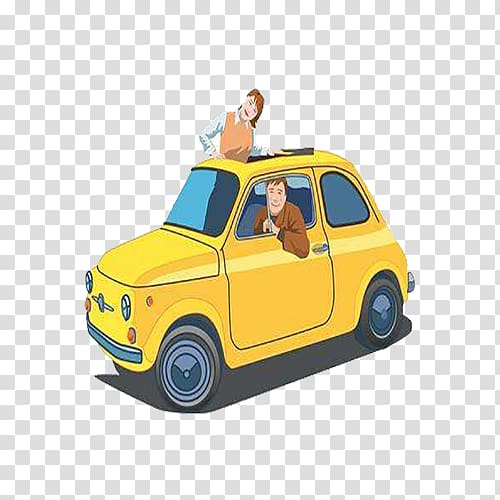 Fiat 500 Cartoon Automotive design Drawing, Yellow cartoon driving transparent background PNG clipart