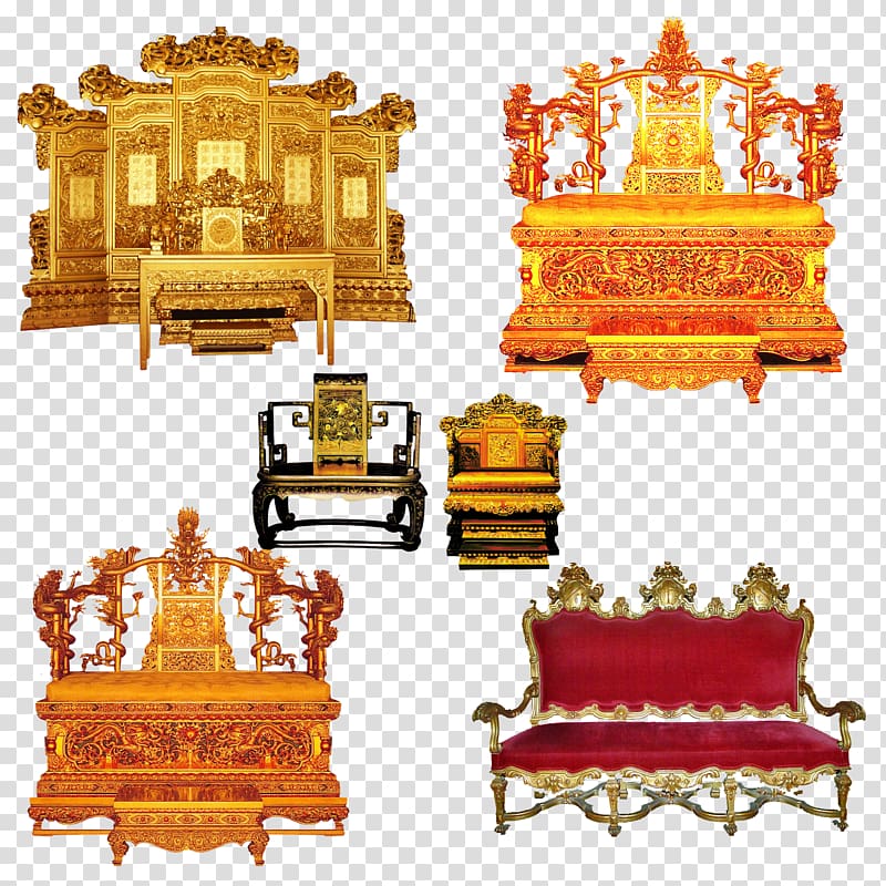 Forbidden City Emperor of China Qing dynasty Throne Chair, Golden chair transparent background PNG clipart