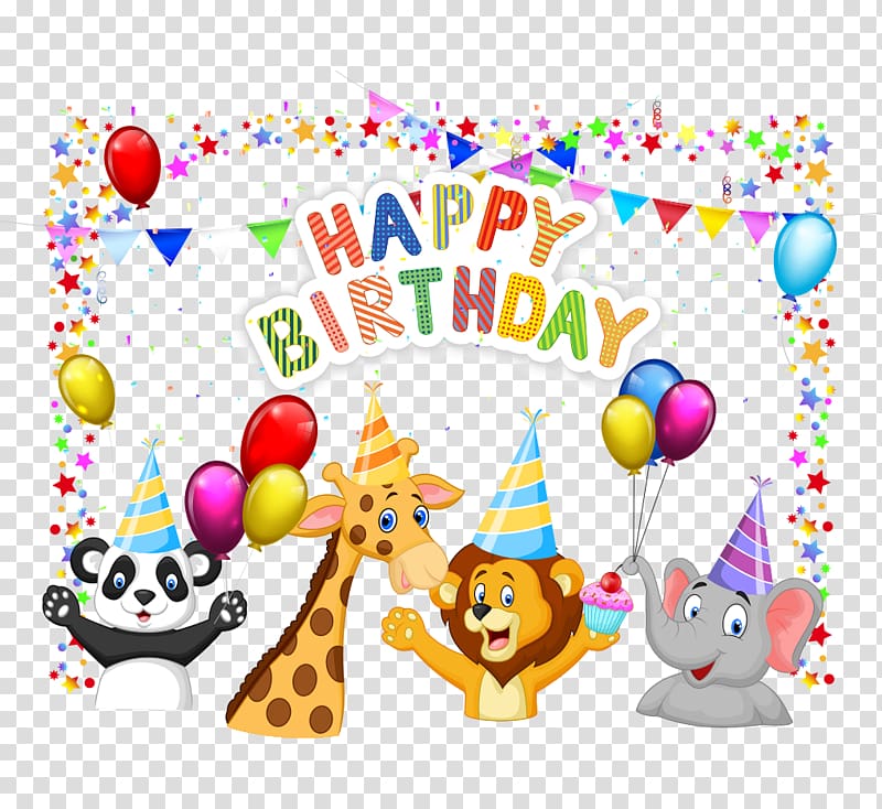 assorted animal illustration, Birthday cake , Hand-painted cartoon elephant panda giraffe birthday elements transparent background PNG clipart