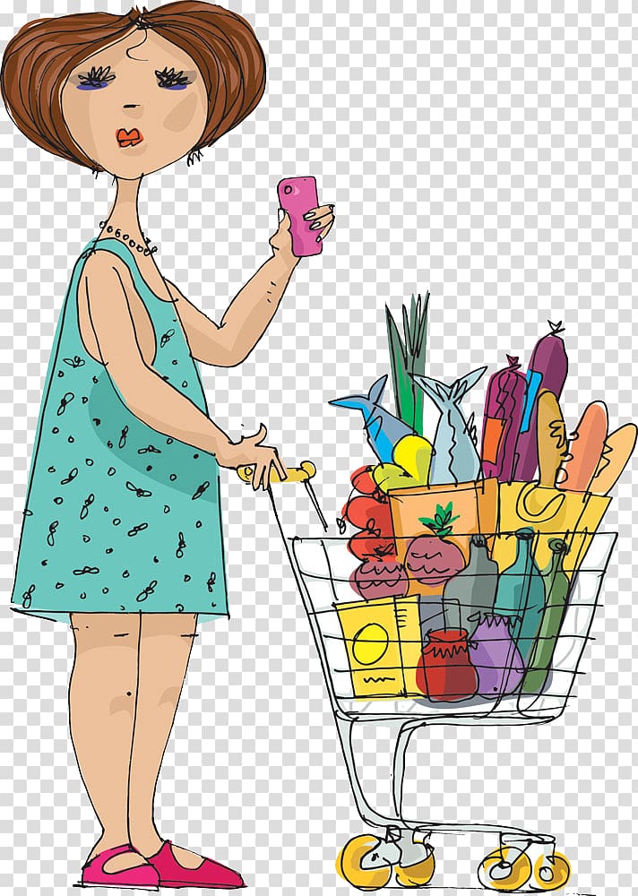 Shopping Cartoon Illustration, Women shopping transparent background PNG clipart