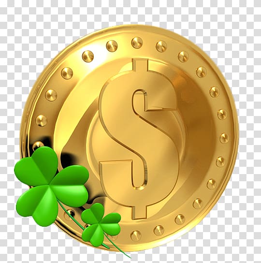 Saint Patricks Day Luck Coin Four-leaf clover , Cartoon golden dollar coins transparent background PNG clipart