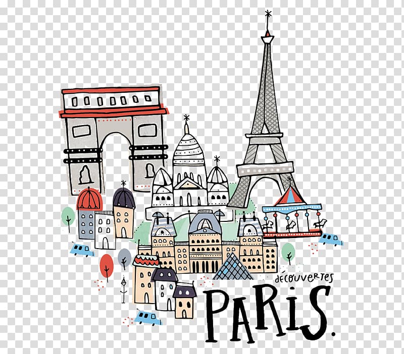 Paris text overlay, Paris Cartoon Drawing Illustration, Hand-painted Paris vacation recommended transparent background PNG clipart
