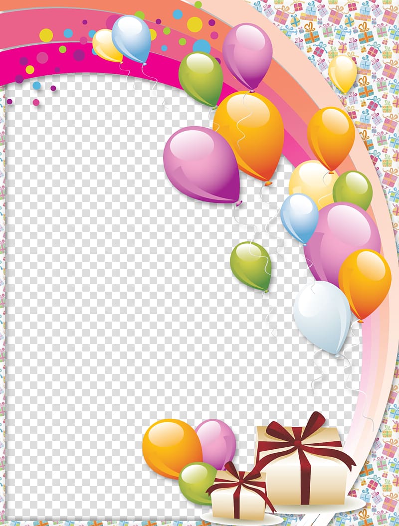 Multicolored balloons and gifts frame, Birthday cake Frames Happy ...