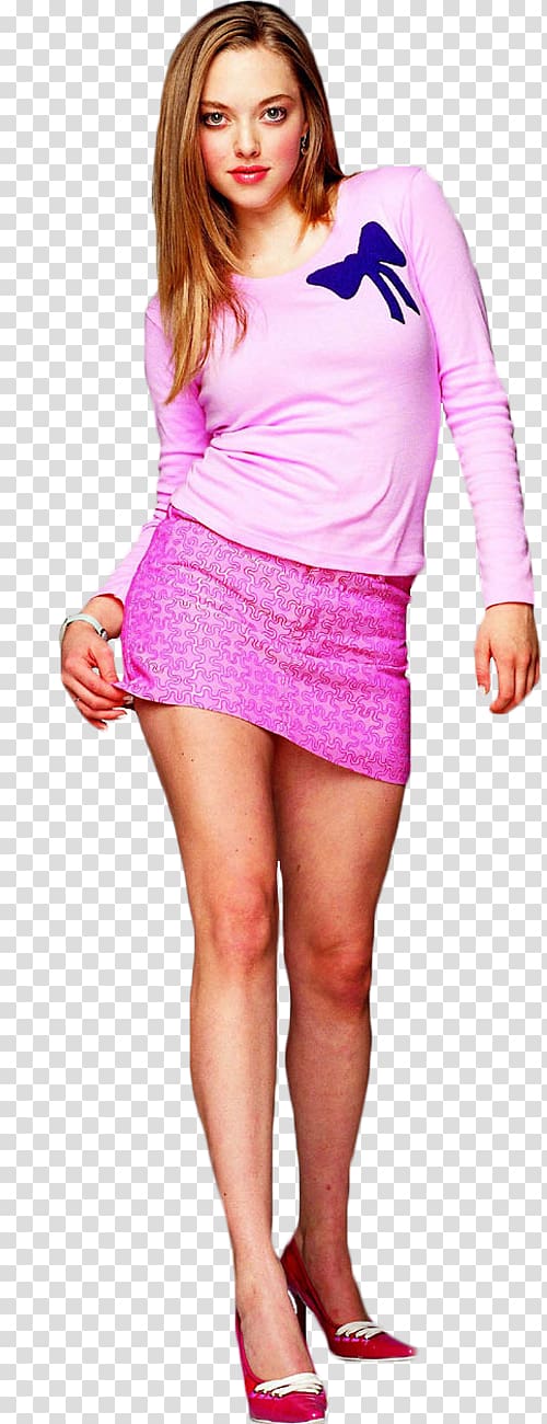 woman standing wearing pink long-sleeved shirt and mini skirt, Amanda Seyfried Actor Celebrity Autograph, mean girls transparent background PNG clipart