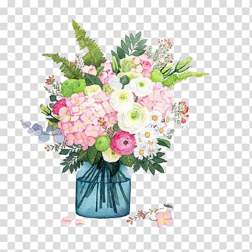 white and pink flowers in vase art, Flower Vase Watercolor painting, Floral art transparent background PNG clipart