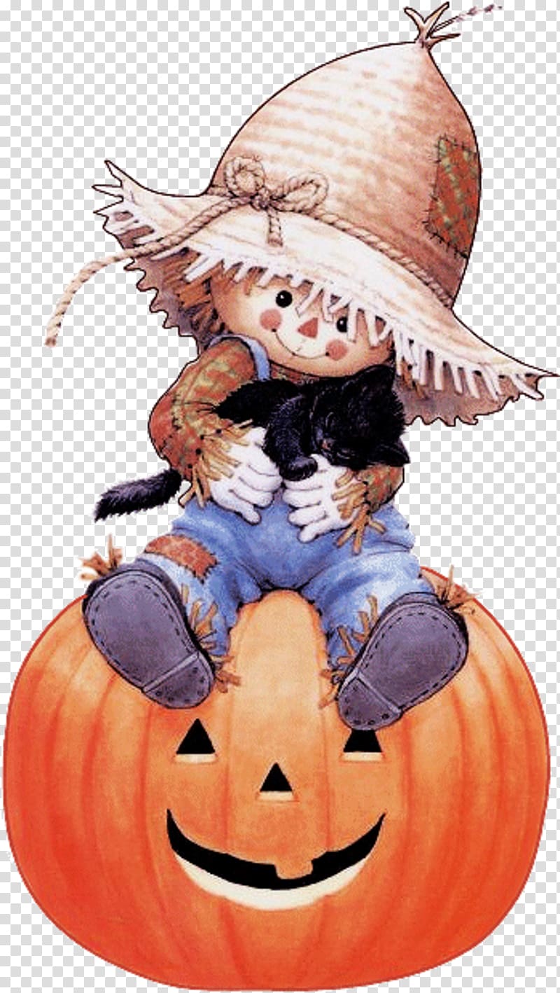 scarecrow holding cat on pumpkin, Halloween Drawing Child , Thanks Giving transparent background PNG clipart