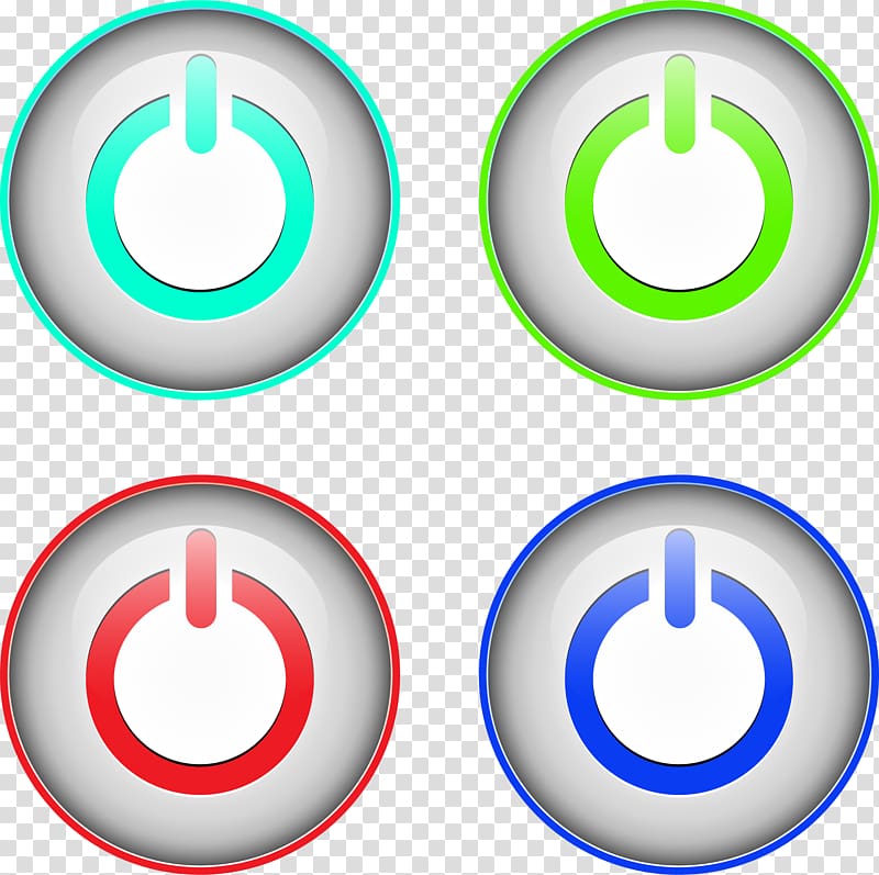 four assorted-color shut down buttons, Switched-mode power supply Push-button Icon, Power button design transparent background PNG clipart