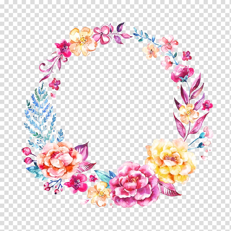 Wedding invitation Logo Flower Garland Wreath, Beautiful hand-painted watercolor flower garland, pink and yellow flower wreath template transparent background PNG clipart