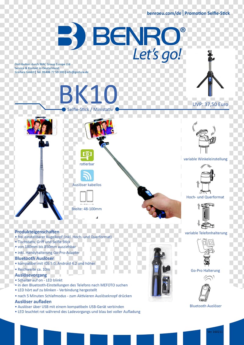 Benro BK10 Mini Tripod and Selfie Stick Monopod, selfish stick transparent background PNG clipart