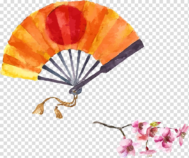 orange and red hand fan and pink petaled flowers, Japanese art Watercolor painting Illustration, Japanese wind illustration transparent background PNG clipart