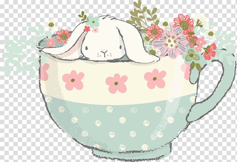 white rabbit inside floral cup illustration, Tea Mission of Motherhood: Touching Your Child\'s Heart of Eternity Milk Happiness, Creative Children\'s Day transparent background PNG clipart
