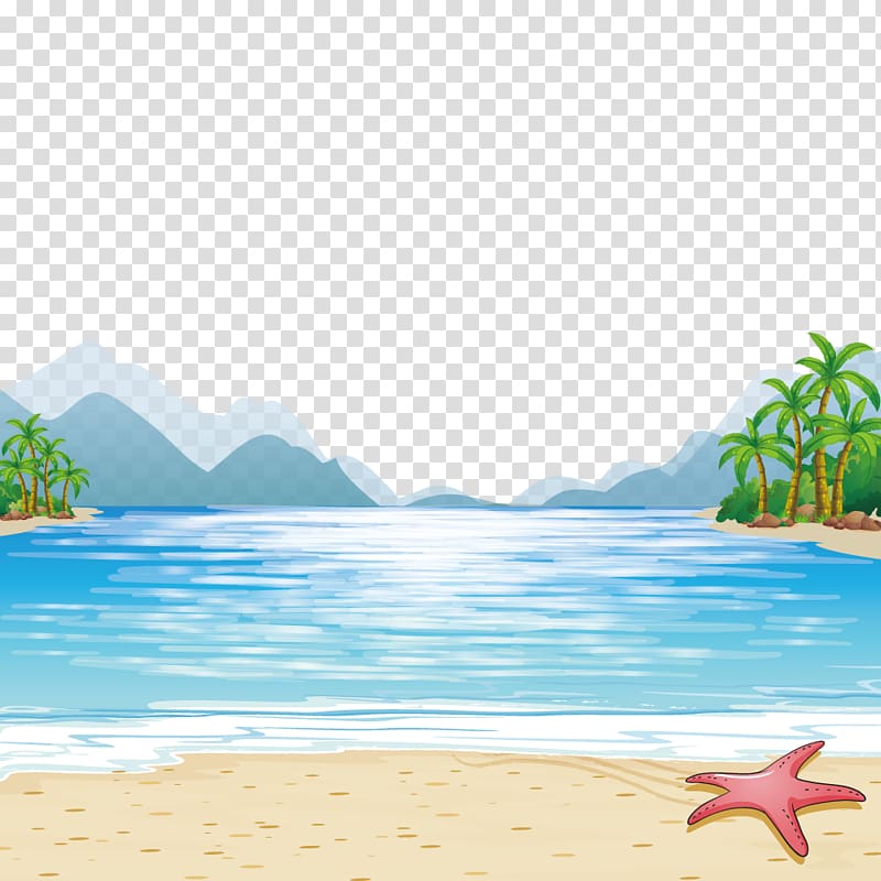 Child Beach Illustration, sea mountains, starfish at beach cartoon graphic sticker transparent background PNG clipart