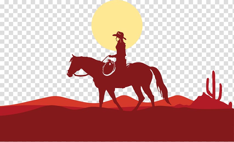 person riding horse at desert under sun art, Horse American frontier Equestrianism Cowboy, Cowboy road transparent background PNG clipart