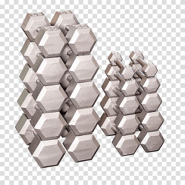 Body Solid Rubber Coated Hex Dumbbell Set Exercise equipment Body Solid Hex Dumbbell Pairs 5-100lbs. Body Solid Grey Hex Dumbbell Set, 80 lb dumbbell transparent background PNG clipart