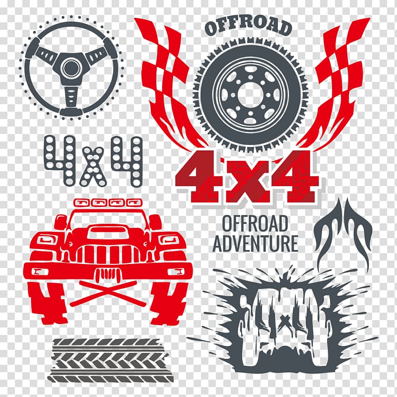 black and red vehicle stickers illustration, Car Off-roading , tires and off-road vehicles transparent background PNG clipart
