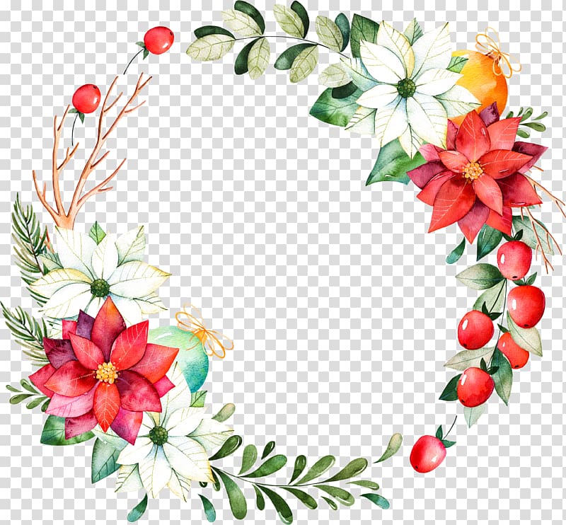 Christmas Day Wreath Poinsettia Watercolor painting Ded Moroz, transparent background PNG clipart