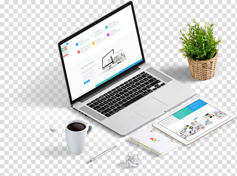 turned on MacBook Pro in between mug of coffee and green leafed plant animated illustration, Web development Web design Service Search engine optimization, branding transparent background PNG clipart