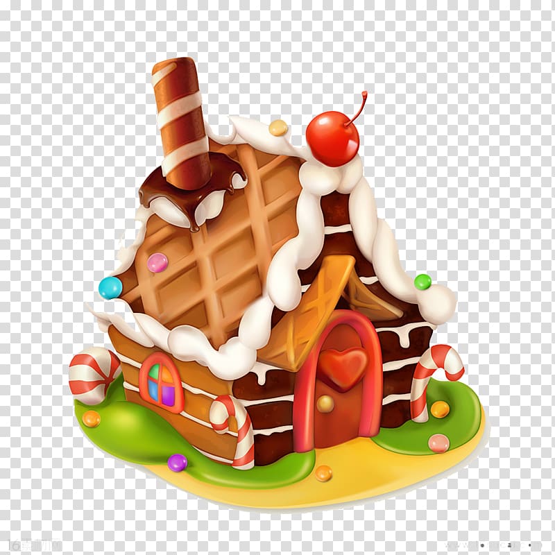 Gingerbread house illustration, Gingerbread house Cupcake Icing, Cute cartoon chocolate house transparent background PNG clipart