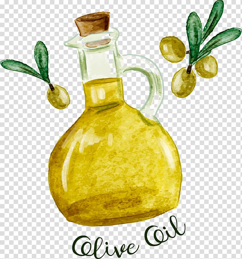 clear cruet filled with yellow liquid illustration, Olive oil Marinara sauce, hand painted olive oil transparent background PNG clipart