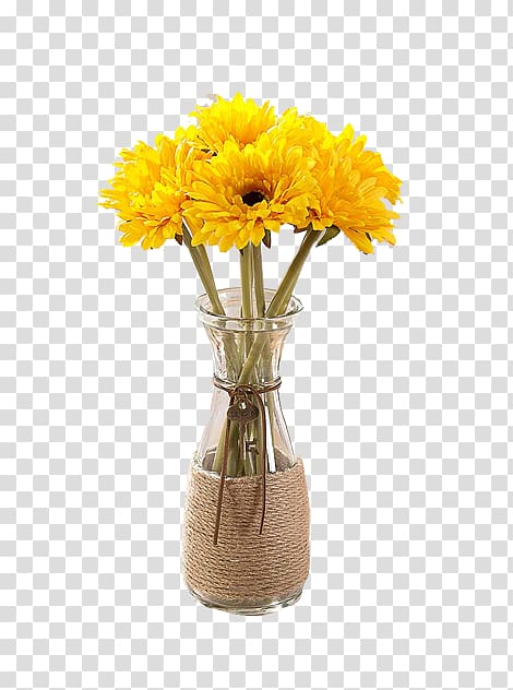 yellow daisies in clear glass vase, Flower bouquet Vase Ornament, Daisy Vase transparent background PNG clipart