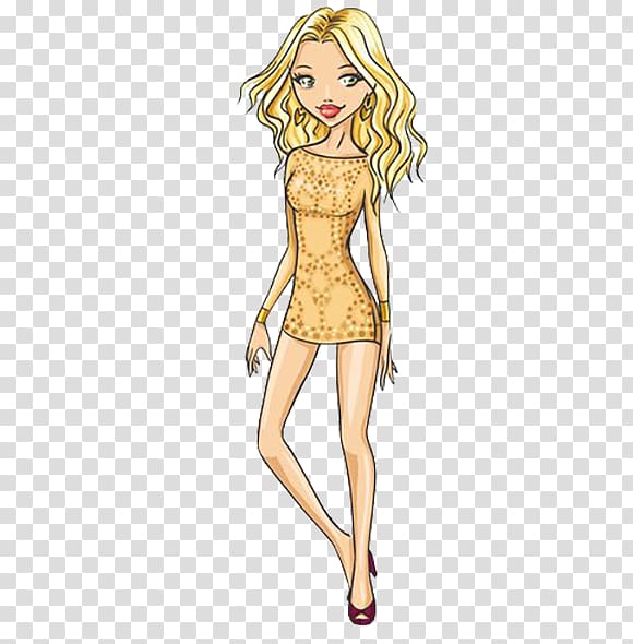 Girl Fashion Illustration, Painted yellow cartoon girl with curly hair transparent background PNG clipart