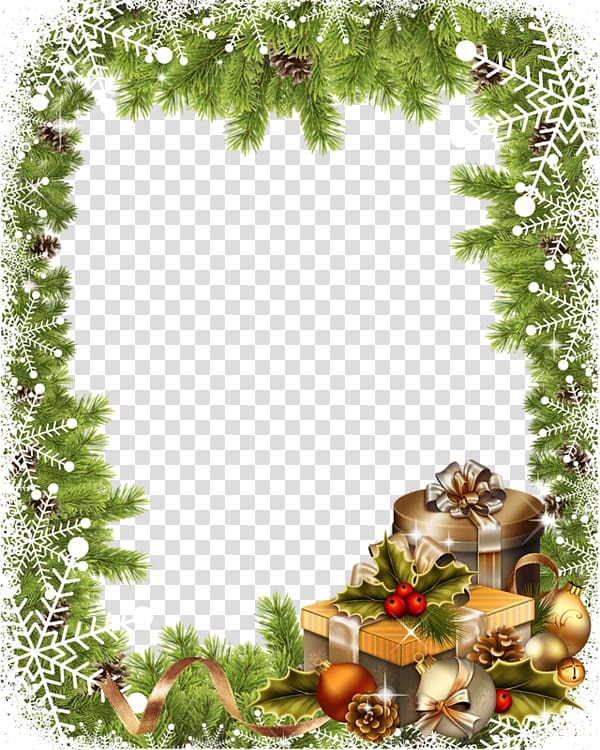 christmas gift boxes decorated pine leaves border transparent background PNG clipart