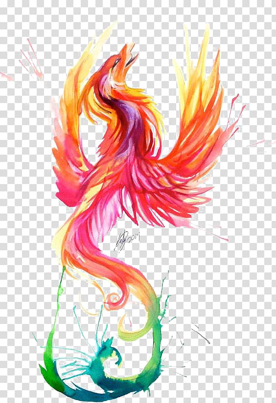 red and yellow phoenix , Watercolor painting Phoenix Tattoo Firebird, Red Phoenix transparent background PNG clipart