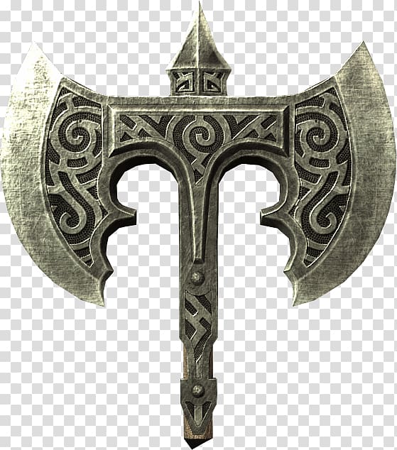 gray steel double-blade axe illustration, Elder Scrolls Skyrim Broken Steel Battle Axe transparent background PNG clipart