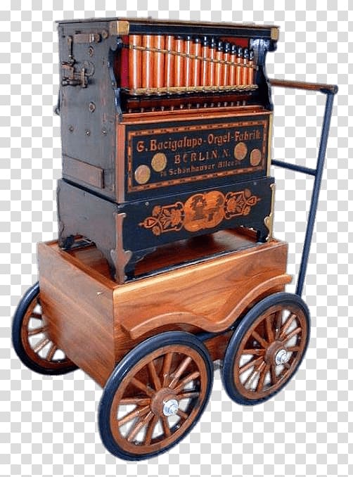 vintage black and brown musical instrument on brown wagon, German Barrel Organ transparent background PNG clipart
