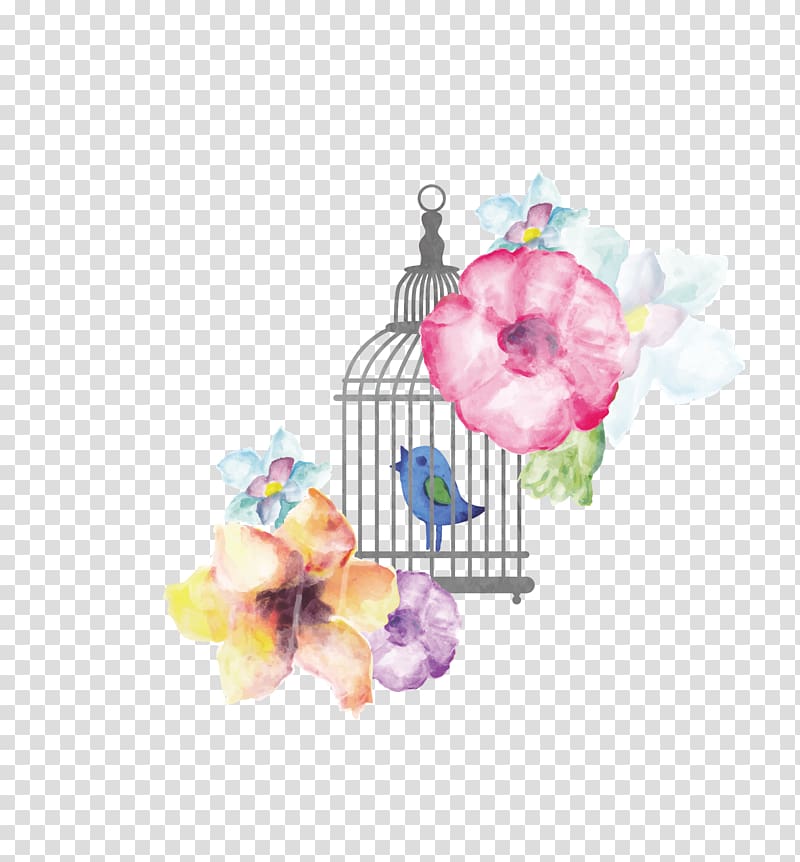 assorted-color flowers illustration, Birdcage Watercolor painting, Birds and flowers transparent background PNG clipart