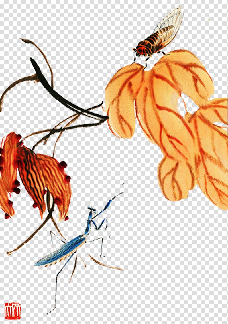 Chinese painting Mural Bird-and-flower painting, Qi Baishi autumn cicadas transparent background PNG clipart