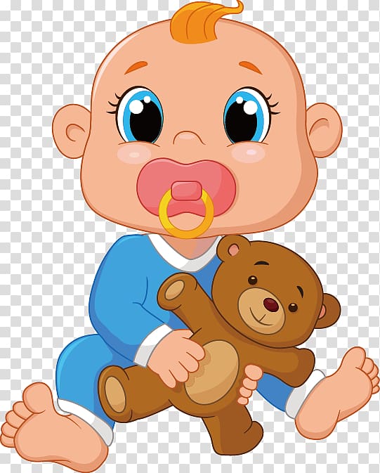 baby with pacifier holding brown teddy bear illustration, Infant Cartoon Pacifier Illustration, baby transparent background PNG clipart