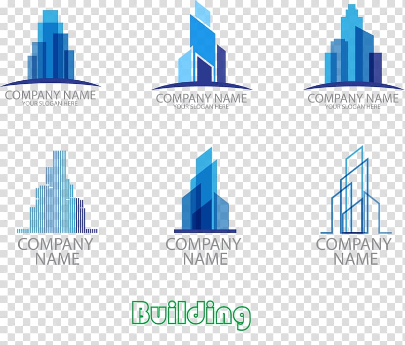 six assorted building illustrationsc, Logo Building, 6 stylish building logo design transparent background PNG clipart