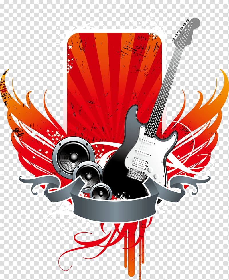 black and white electric guitar animated illustration, Rock music Concert, Guitar and trumpet concert material transparent background PNG clipart