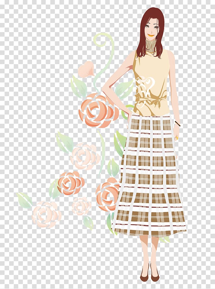 Long hair Bijin, Cartoon dress flowers hand-painted hair beauty transparent background PNG clipart