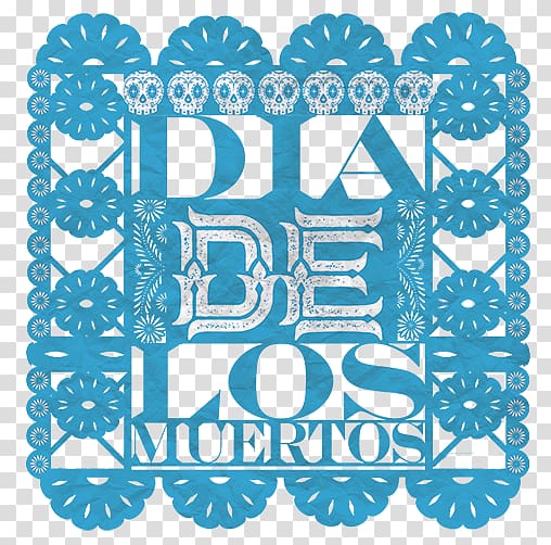 Dia De Los Muertos text on blue background, Calavera Day of the Dead Papel picado Paper Ofrenda, annual day transparent background PNG clipart