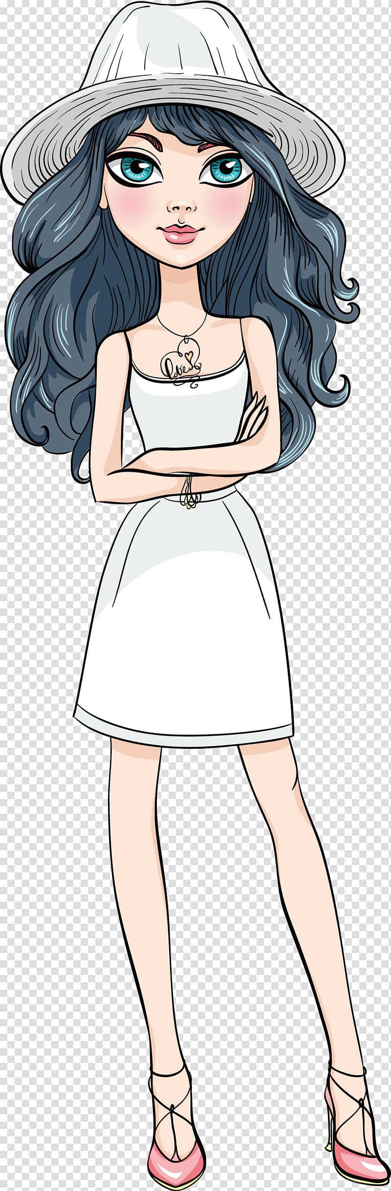 woman in white sundress wearing white sunhat , Girl Fashion Illustration, Summer girl with cap transparent background PNG clipart