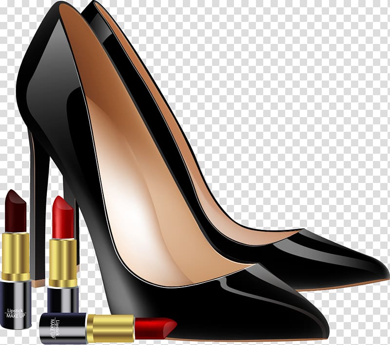 pair of black stiletto shoes with lipsticks , High-heeled footwear Lipstick Shoe Cosmetics, shoes and lipstick transparent background PNG clipart