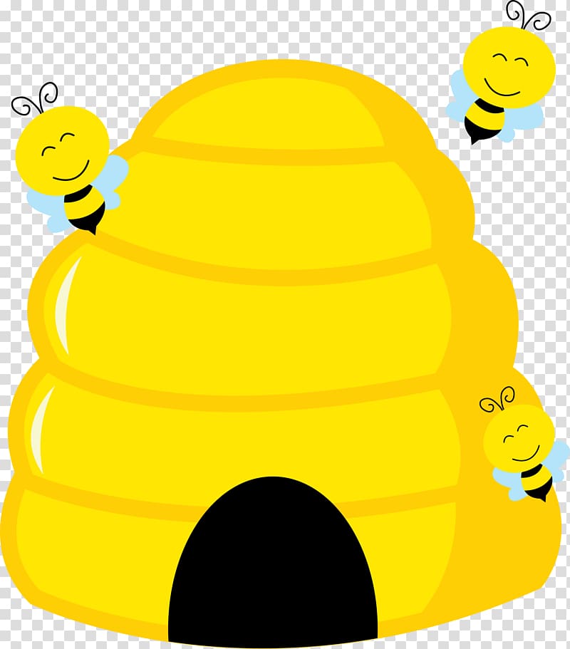 three yellow-and-black bees outside beehive , Beehive Honey bee , honey bee hive template transparent background PNG clipart