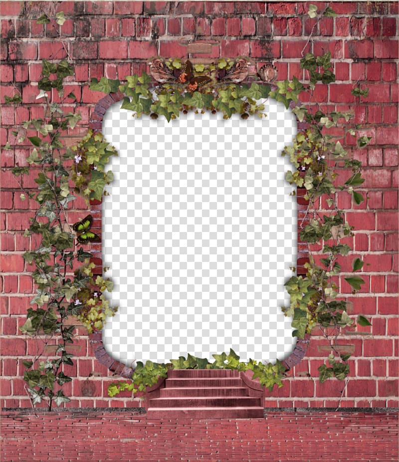 green leafed plant illustration, Brick Wall Frames, Red Chinese wind brick wall frame texture transparent background PNG clipart