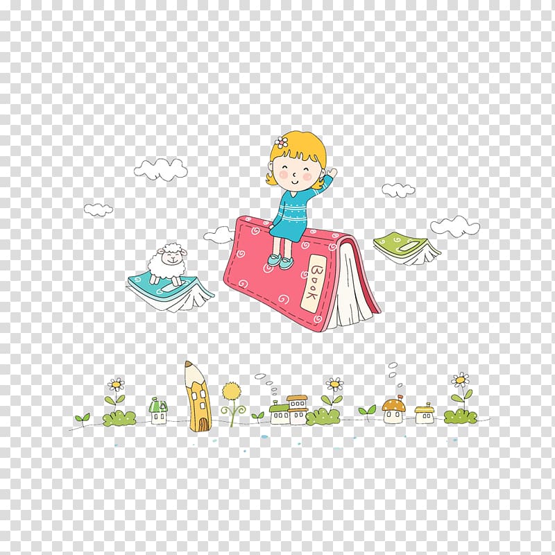 Childhood Cartoon Illustration, The child sitting in the book transparent background PNG clipart