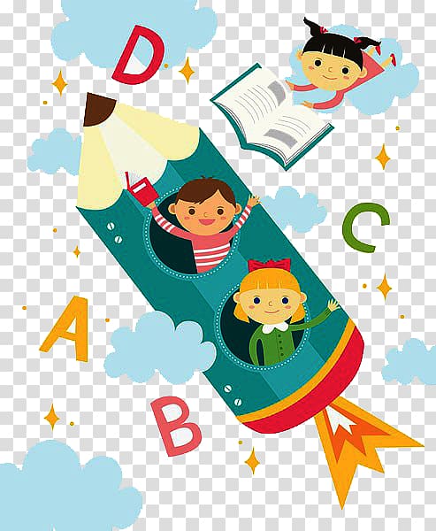 children in pencil rocket , Learning Child u79c1u6559u80b2 Study skills, The children are swimming in the study transparent background PNG clipart