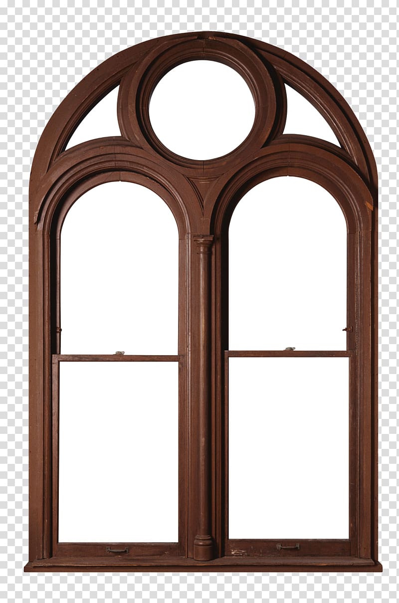 brown wooden window illustration, Window frame Chambranle Door Insulated glazing, European-style wooden arched window material transparent background PNG clipart